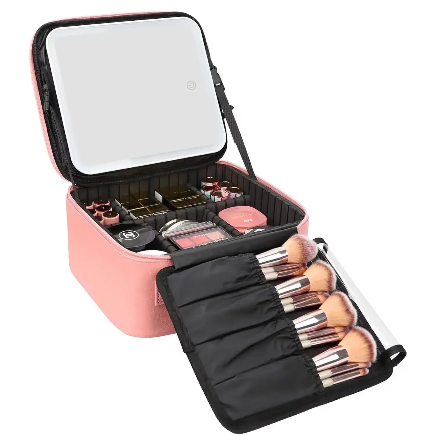 14519216aa99918bc30178af6d8a540f.png Travel Makeup Bag with LED Mirror, Cosmetic Train Case with Light up Mirror, Portable Makeup Artist Organizer Bag with Adjustable Dividers, Makeup Brush Holder Storage, Pink - Image 1