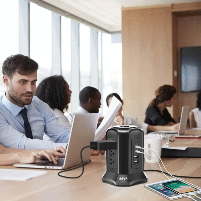 Power Strip Tower Surge Protector  10Ft Flat Plug Desktop Charging Station 9 AC Outlets 4 USB Ports, 900 Joules, Long Extension Cord for Home Office Appliances Smartphones Computer Tablets(Black) - Image 6