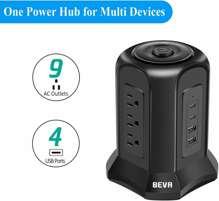 Power Strip Tower Surge Protector  10Ft Flat Plug Desktop Charging Station 9 AC Outlets 4 USB Ports, 900 Joules, Long Extension Cord for Home Office Appliances Smartphones Computer Tablets(Black) - Image 4