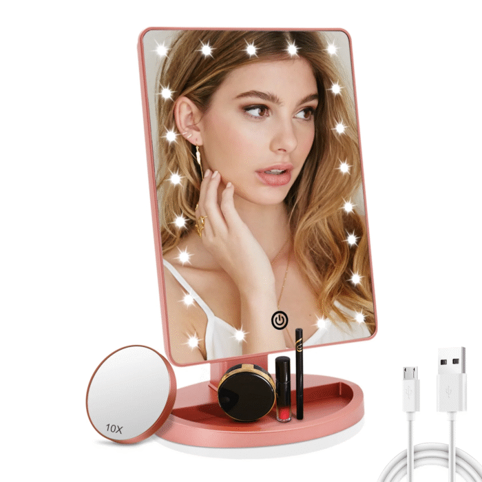 Cosmetic Vanity Mirror, Adjustable LED Light, 1X/10X Magnification, Rose Gold - Image 1