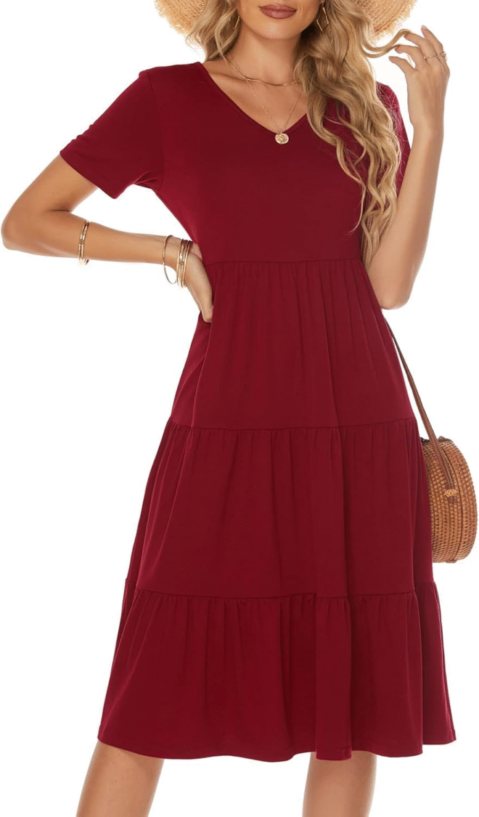 Women'S Casual Summer Tiered Midi Dress 2025 Short Sleeve V-Neck Loose Cotton Ruffle Babydoll Dress Boho Sundress - Image 7