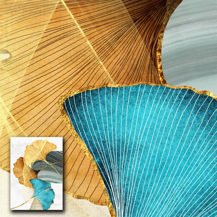 Clearance 2024!Home Decor Abstract Wall Art Painting Blue Green Yellow Gold Leaf Canvas Print Wall Artwork Pictures Ready to Hang for Living Room Bedroom Office Home Decoration - Image 4