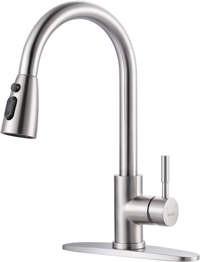 Kitchen Faucet with Sprayer, Kitchen Sink Faucet, SUS 304 Stainless Steel, High Arc Single Handle Brushed Nickel Kitchen Faucets with Pull down Sprayer, Pull Out Kitchen Faucet with Deck Plate - Image 1