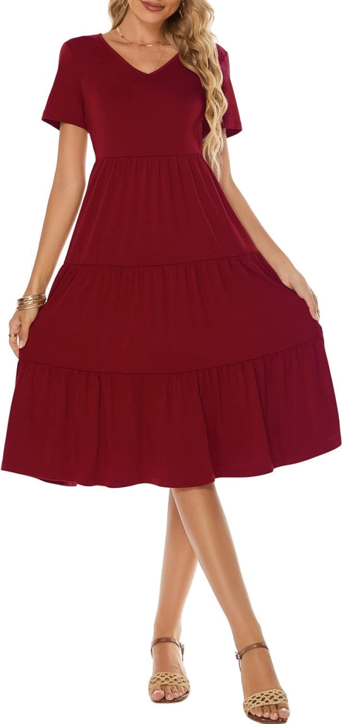 Women'S Casual Summer Tiered Midi Dress 2025 Short Sleeve V-Neck Loose Cotton Ruffle Babydoll Dress Boho Sundress - Image 4