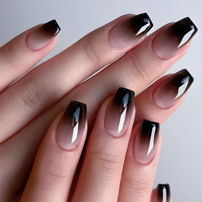 24 Pcs Black White Ombre Press on Nails Short Square -  Summer Fake Nails Press Ons Nails Tips Design Full Cover French False Nails Glue on Nails Stick on Nails Acrylic Nail Art DIY for Women - Image 1