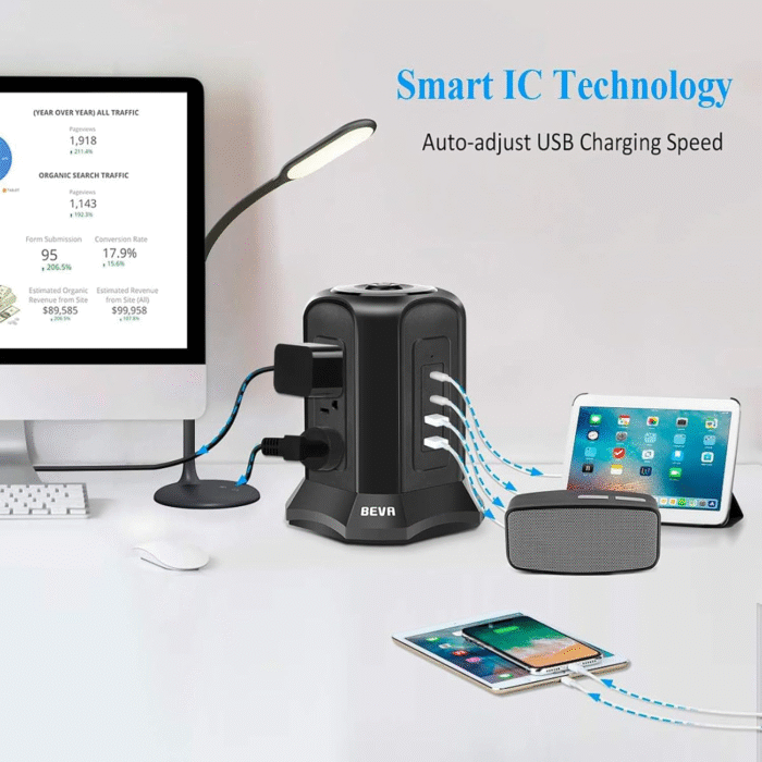 Power Strip Tower Surge Protector  10Ft Flat Plug Desktop Charging Station 9 AC Outlets 4 USB Ports, 900 Joules, Long Extension Cord for Home Office Appliances Smartphones Computer Tablets(Black) - Image 8
