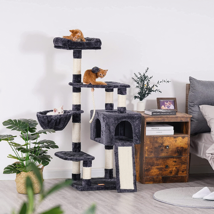 Cat Tree, Cat Tower for Indoor Cats with Scratching Board, Multi-Level Cat Furniture Condo with Feeding Bowl, Smoky Gray HCT010G - Image 3