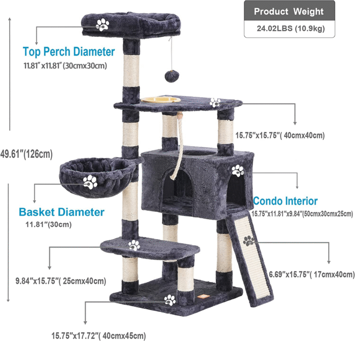 Cat Tree, Cat Tower for Indoor Cats with Scratching Board, Multi-Level Cat Furniture Condo with Feeding Bowl, Smoky Gray HCT010G - Image 4
