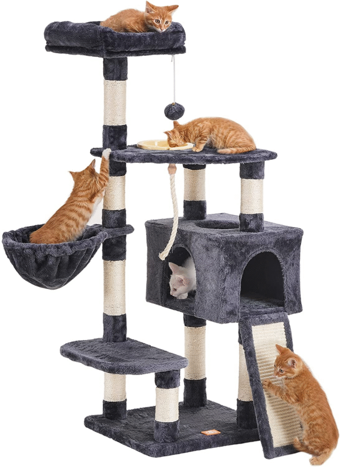Cat Tree, Cat Tower for Indoor Cats with Scratching Board, Multi-Level Cat Furniture Condo with Feeding Bowl, Smoky Gray HCT010G - Image 1