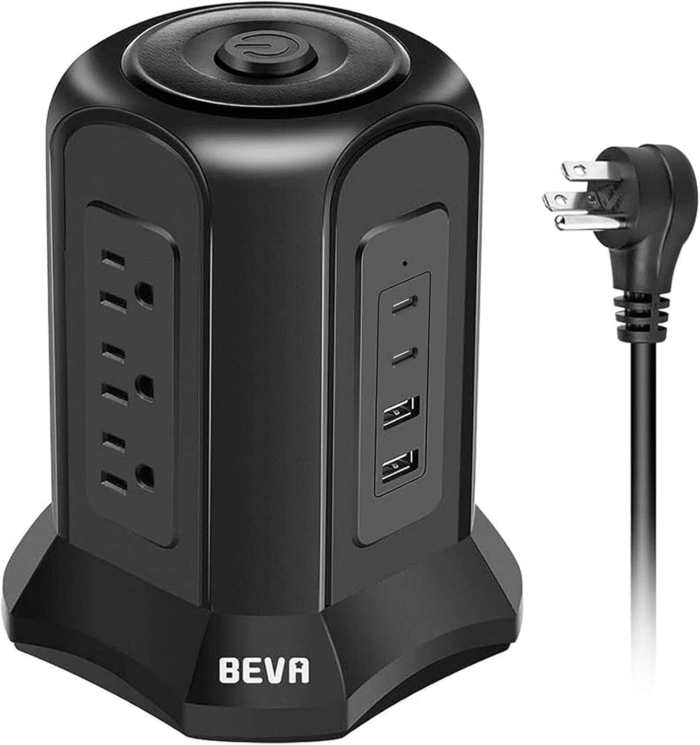 Power Strip Tower Surge Protector  10Ft Flat Plug Desktop Charging Station 9 AC Outlets 4 USB Ports, 900 Joules, Long Extension Cord for Home Office Appliances Smartphones Computer Tablets(Black) - Image 1