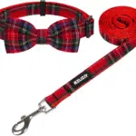 Christmas Buffalo Dog Collar and Leash Set, Classic Plaid Collar with Removable Bowtie and Matching Leash for Large Dogs