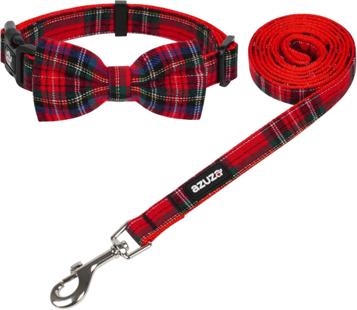 Christmas Buffalo Dog Collar and Leash Set, Classic Plaid Collar with Removable Bowtie and Matching Leash for Large Dogs - Image 1