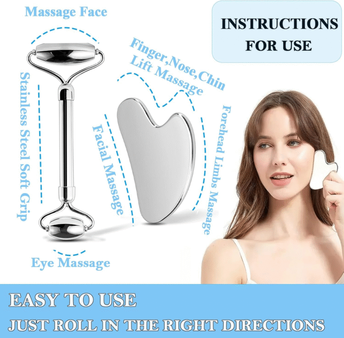 Stainless Steel Facial Roller & Gua Sha,Gua Sha Facial Tools Stainless Steel, Guasha Tool and Face Roller Set - Metal Face Roller, Facial Tension, Sturdy - Image 4
