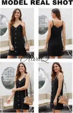 Women Summer Dresses 2024 Strappy Button V Neck Sleeveless Beach Sundress Casual Swing a Line Short Mini Dress - Image 3