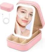 Small Travel LED Makeup Mirror Case with 3 Adjustable Color Light Settings, Dust-Proof Jewelry Box, Mini Cosmetic Train Case Ideal for Short Trips (Croc Pink)