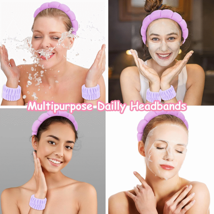 Purple Spa Headband and Wristband Set Makeup Spa Headband for Washing Face Bubble Skin Care Headbands Face Wash Sponge Puffy Headband Head Bands Hair Accessories for Women Girls - Image 5