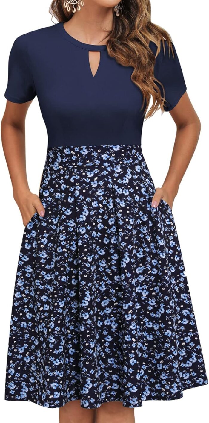 Women'S Vintage Floral Flared A-Line Swing Casual Party Dresses with Pockets - Image 7