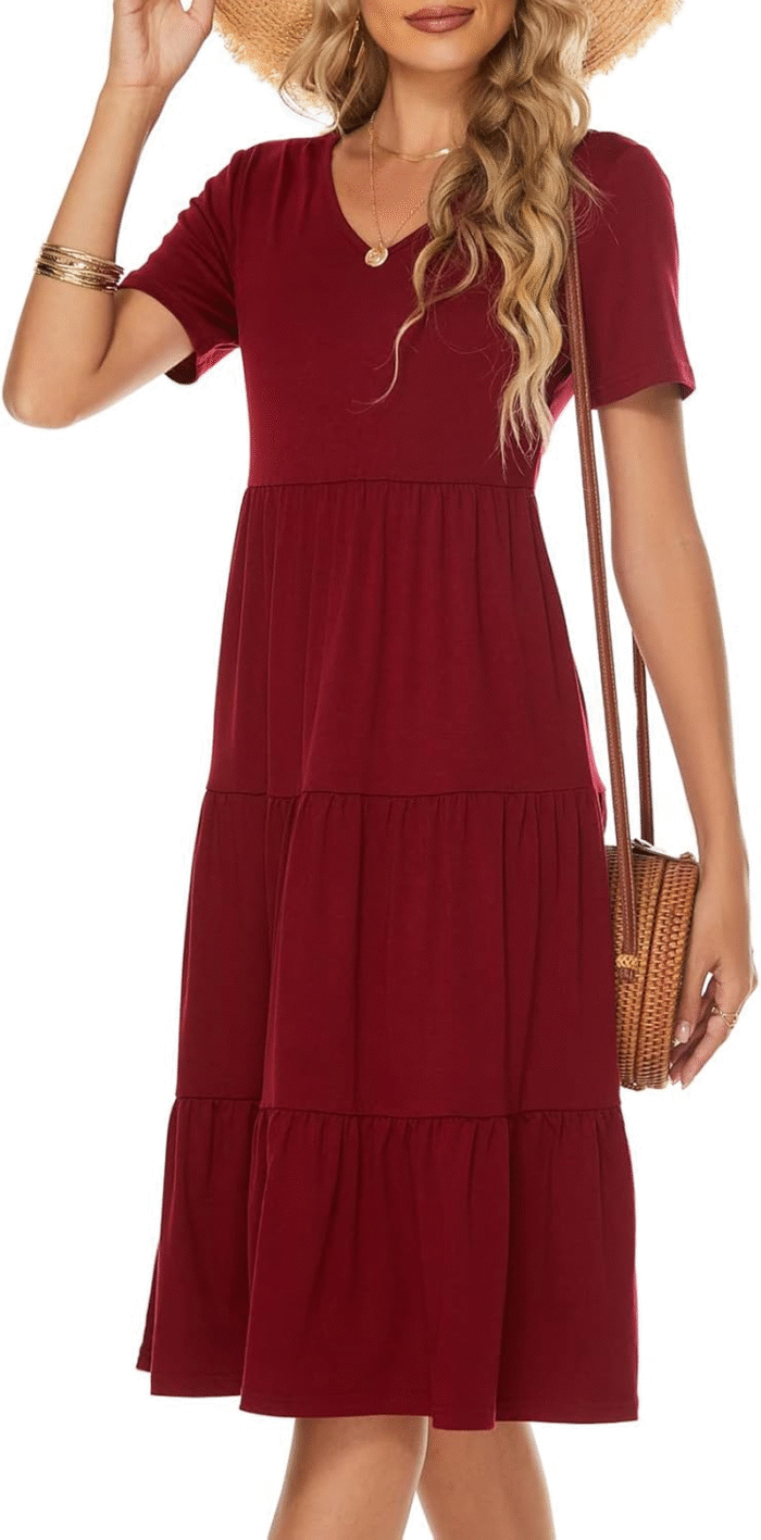 Women'S Casual Summer Tiered Midi Dress 2025 Short Sleeve V-Neck Loose Cotton Ruffle Babydoll Dress Boho Sundress - Image 6