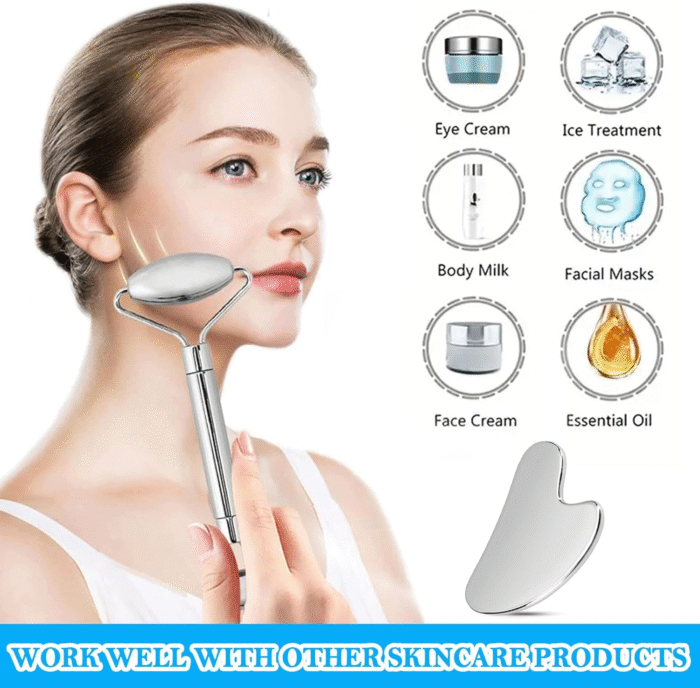 Stainless Steel Facial Roller & Gua Sha,Gua Sha Facial Tools Stainless Steel, Guasha Tool and Face Roller Set - Metal Face Roller, Facial Tension, Sturdy - Image 2