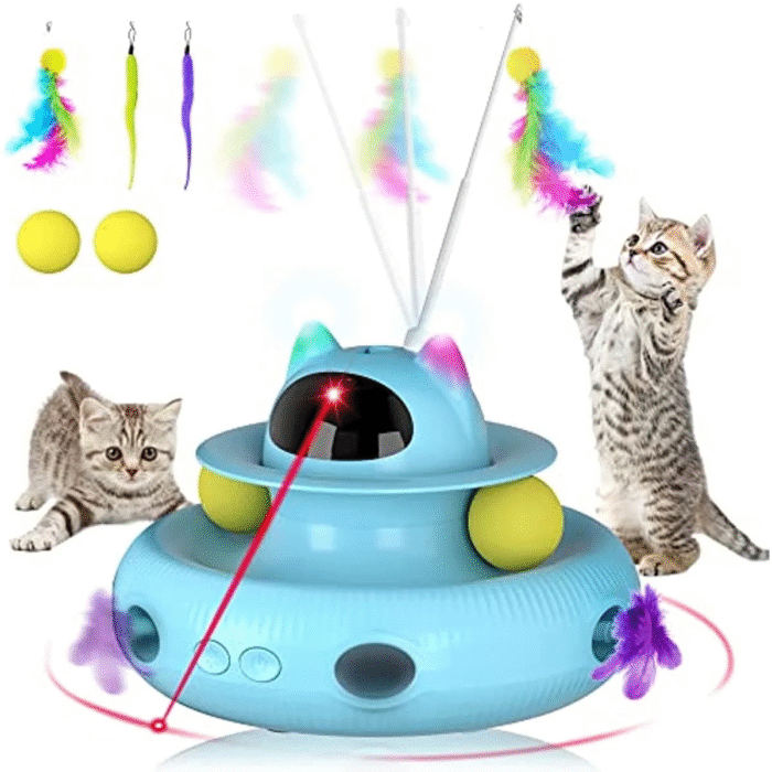 4 in 1 Indoor Interactive Cat Toy with Laser & Retractable Feather Wand, USB Rechargeable, Blue - Image 1