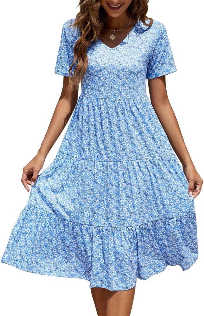 Women'S Casual Summer Tiered Midi Dress 2025 Short Sleeve V-Neck Loose Cotton Ruffle Babydoll Dress Boho Sundress - Image 10