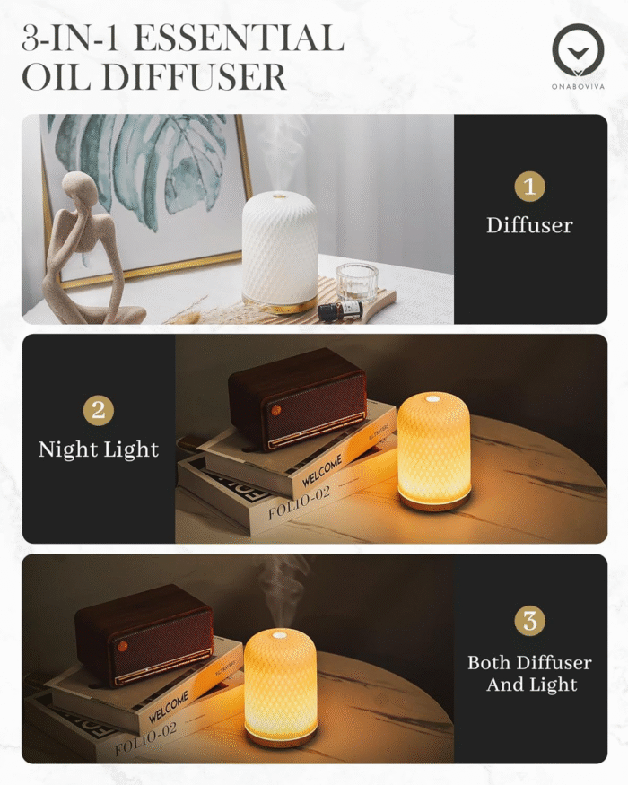 Essential Oil Diffuser,110Ml Diffusers for Essential Oils Large Room, Ceramic Diffusers USB Powered Decorative Ultrasonic Defuzzer, Ideal for Aesthetic Home,Dorm Décor, Yoga,White - Image 3
