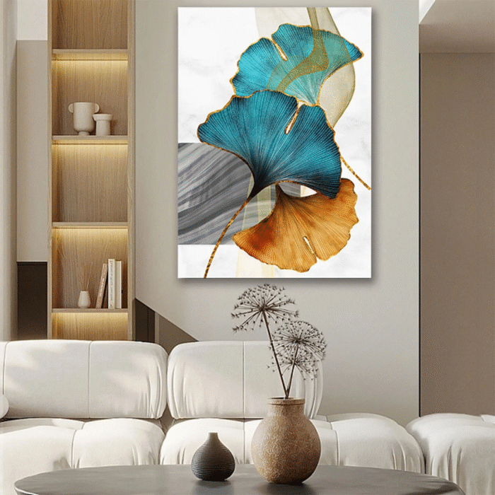 Clearance 2024!Home Decor Abstract Wall Art Painting Blue Green Yellow Gold Leaf Canvas Print Wall Artwork Pictures Ready to Hang for Living Room Bedroom Office Home Decoration - Image 8