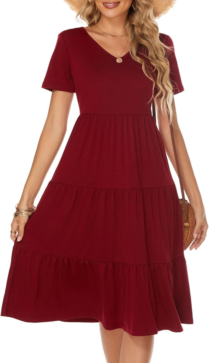 Women'S Casual Summer Tiered Midi Dress 2025 Short Sleeve V-Neck Loose Cotton Ruffle Babydoll Dress Boho Sundress - Image 1