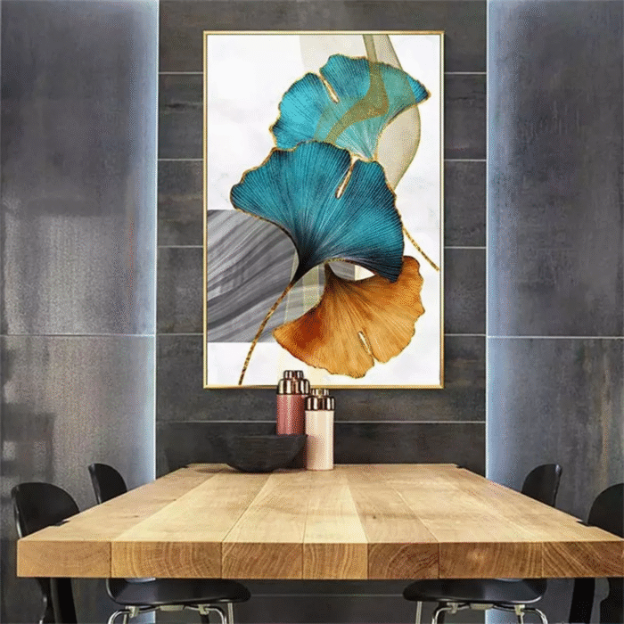 Clearance 2024!Home Decor Abstract Wall Art Painting Blue Green Yellow Gold Leaf Canvas Print Wall Artwork Pictures Ready to Hang for Living Room Bedroom Office Home Decoration - Image 5