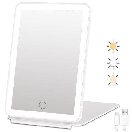 Dimmable LED Lighted Travel Makeup Mirror, Portable Foldable Vanity Mirror