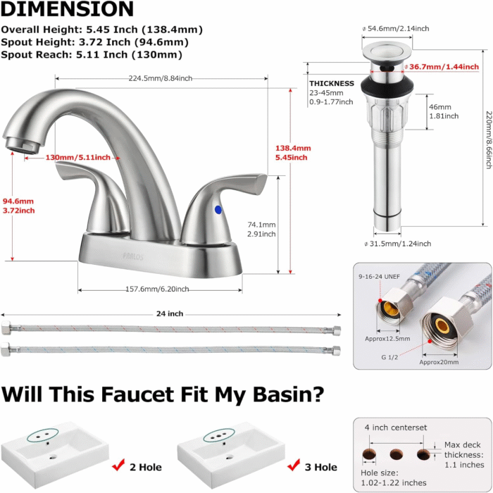 2-Handle Bathroom Sink Faucet with Drain Assembly and Supply Hose Lead-Free Cupc Lavatory Faucet Mixer Double Handle Tap Deck Mounted Brushed Nickel,13598 - Image 5