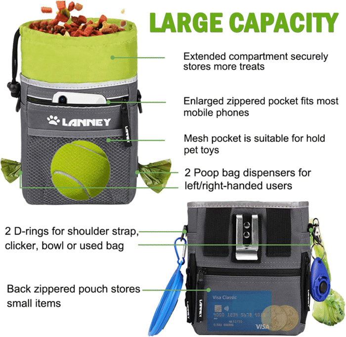 Dog Treat Pouch - 3 Ways to Wear Dog Treat Bag, Dog Training Treat Pouches for Pet Training with Clicker, Shoulder Strap, Adjustable Belt, Poop Bag Dispenser, Easily Carrying Kibble Snacks Pet Toys - Image 6