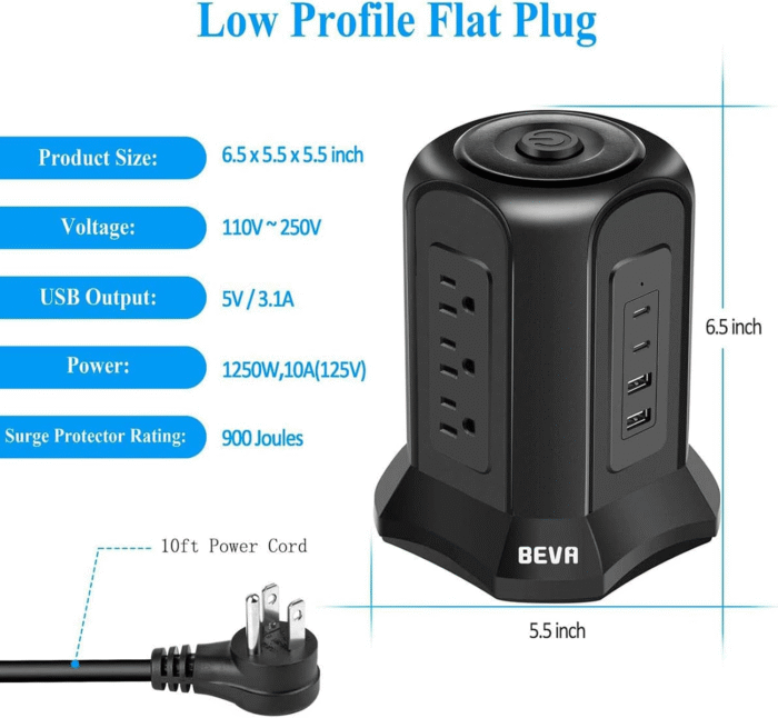 Power Strip Tower Surge Protector  10Ft Flat Plug Desktop Charging Station 9 AC Outlets 4 USB Ports, 900 Joules, Long Extension Cord for Home Office Appliances Smartphones Computer Tablets(Black) - Image 5