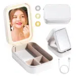 Makeup Bag with Led Mirror, Travel Makeup Case with 3-Color Adjustable Light Mirror, 1200Mah Rechargeable LED Makeup Mirror Organizer Bag, Portable Make up Case for Women Gift