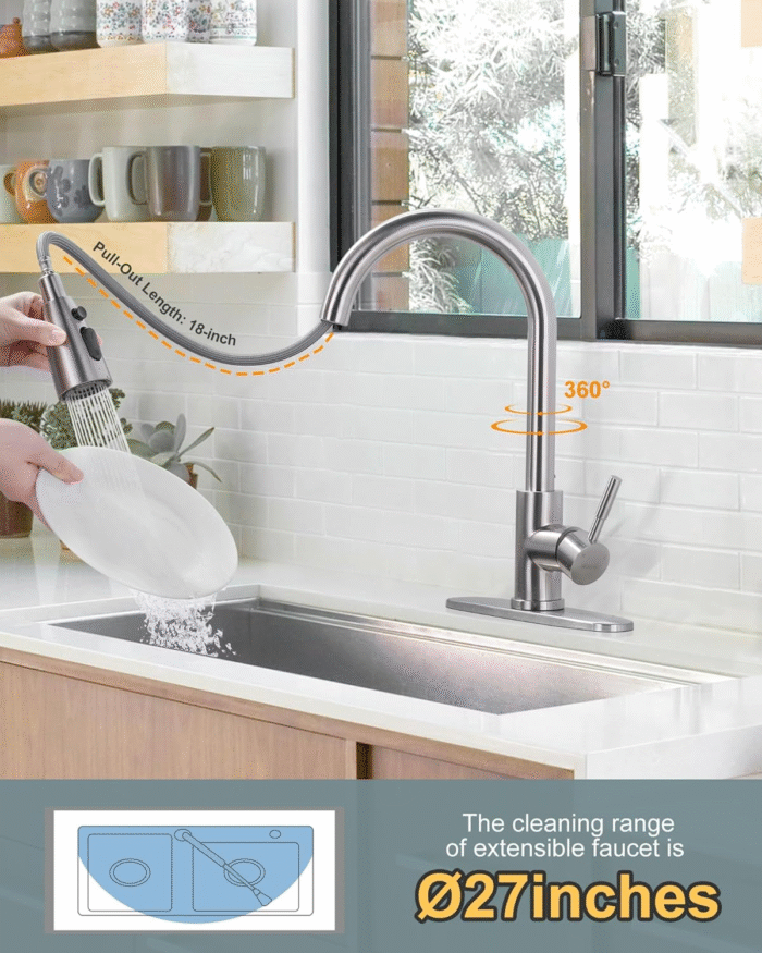 Kitchen Faucet with Sprayer, Kitchen Sink Faucet, SUS 304 Stainless Steel, High Arc Single Handle Brushed Nickel Kitchen Faucets with Pull down Sprayer, Pull Out Kitchen Faucet with Deck Plate - Image 3