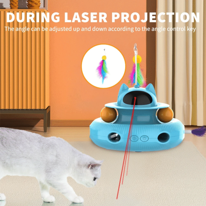 4 in 1 Indoor Interactive Cat Toy with Laser & Retractable Feather Wand, USB Rechargeable, Blue - Image 3