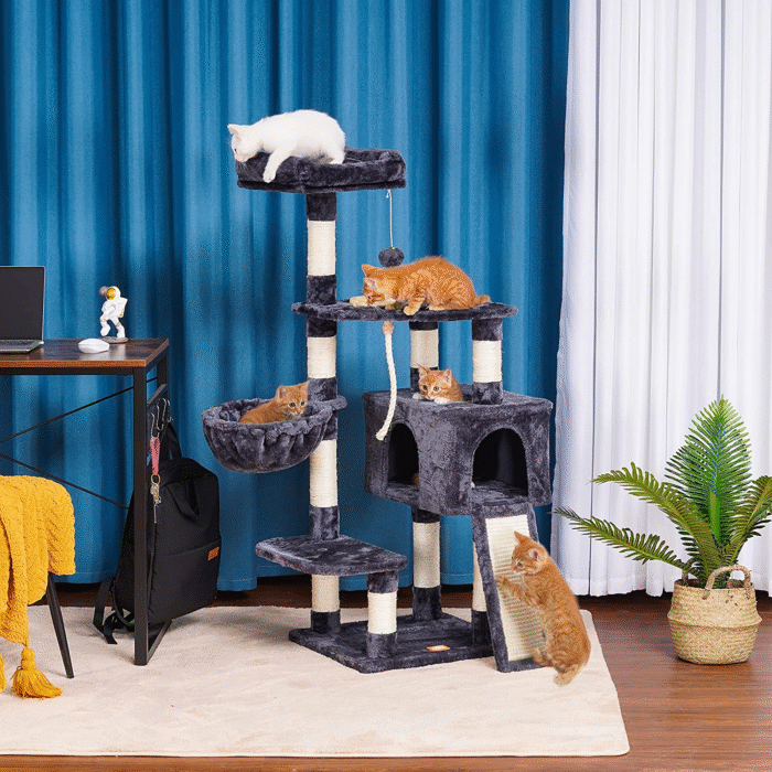 Cat Tree, Cat Tower for Indoor Cats with Scratching Board, Multi-Level Cat Furniture Condo with Feeding Bowl, Smoky Gray HCT010G - Image 5