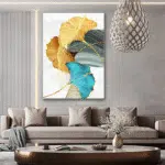Clearance 2024!Home Decor Abstract Wall Art Painting Blue Green Yellow Gold Leaf Canvas Print Wall Artwork Pictures Ready to Hang for Living Room Bedroom Office Home Decoration