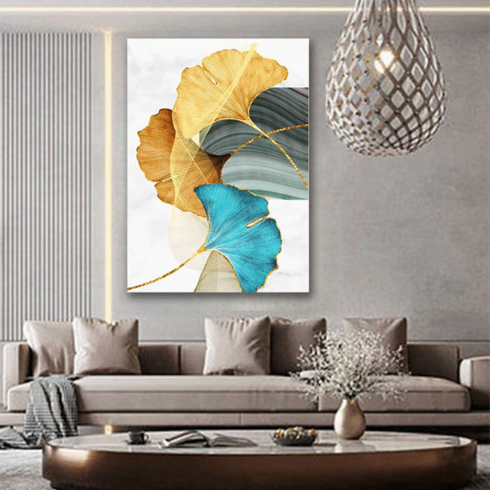 Clearance 2024!Home Decor Abstract Wall Art Painting Blue Green Yellow Gold Leaf Canvas Print Wall Artwork Pictures Ready to Hang for Living Room Bedroom Office Home Decoration - Image 1