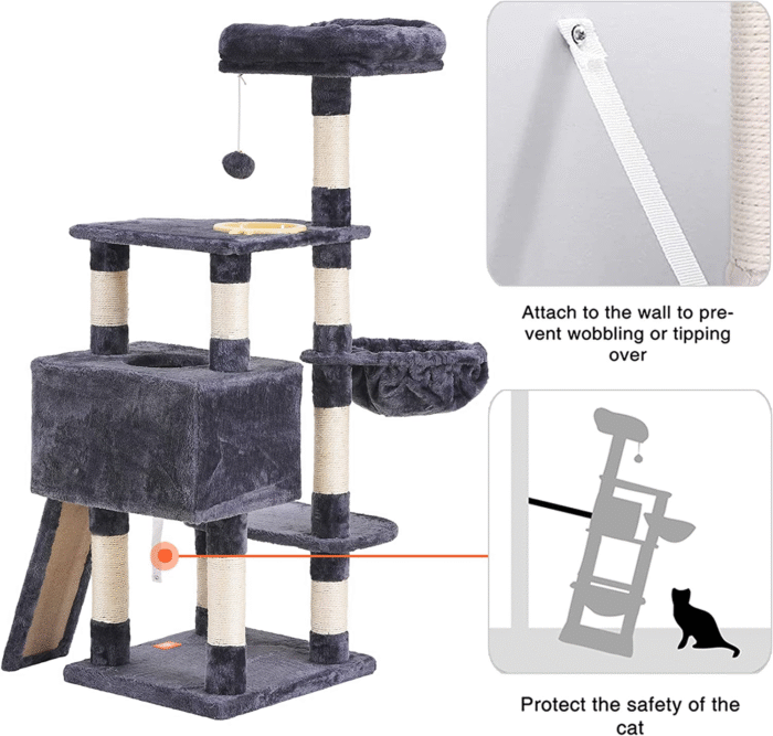 Cat Tree, Cat Tower for Indoor Cats with Scratching Board, Multi-Level Cat Furniture Condo with Feeding Bowl, Smoky Gray HCT010G - Image 6