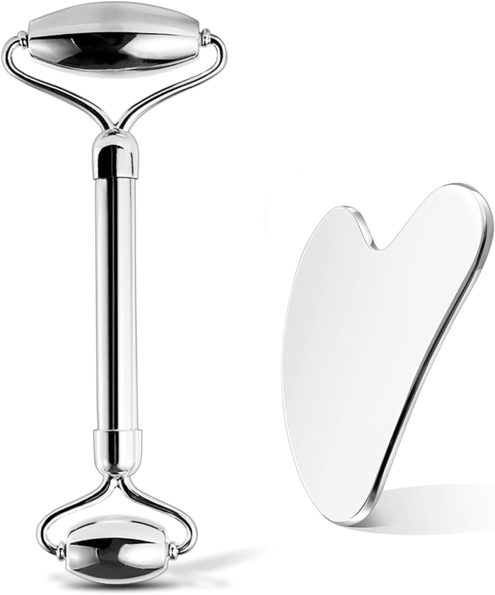 Stainless Steel Facial Roller & Gua Sha,Gua Sha Facial Tools Stainless Steel, Guasha Tool and Face Roller Set - Metal Face Roller, Facial Tension, Sturdy - Image 1