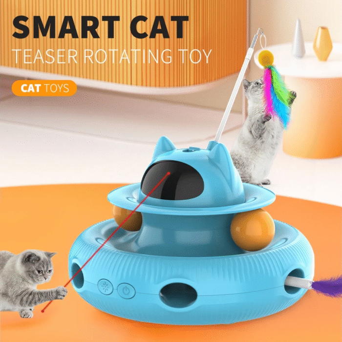4 in 1 Indoor Interactive Cat Toy with Laser & Retractable Feather Wand, USB Rechargeable, Blue - Image 11