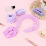 Purple Spa Headband and Wristband Set Makeup Spa Headband for Washing Face Bubble Skin Care Headbands Face Wash Sponge Puffy Headband Head Bands Hair Accessories for Women Girls - Image 7