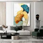Clearance 2024!Home Decor Abstract Wall Art Painting Blue Green Yellow Gold Leaf Canvas Print Wall Artwork Pictures Ready to Hang for Living Room Bedroom Office Home Decoration - Image 7