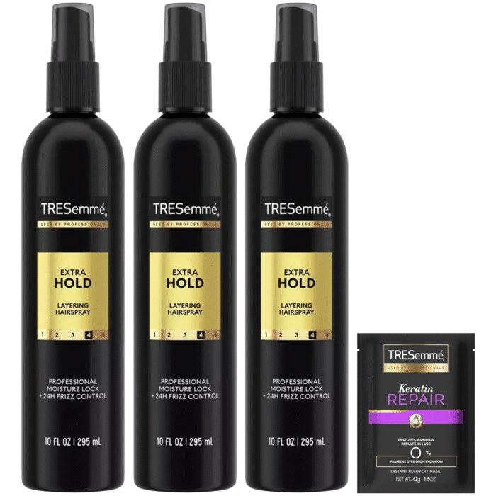 Tresemmé Extra Hold Hairspray, Non-Aerosol 3-Pack, 24H Hold & Frizz Control + Keratin Repair Hair Mask - Image 1