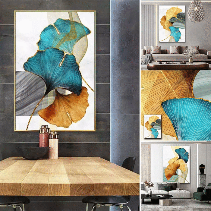 Clearance 2024!Home Decor Abstract Wall Art Painting Blue Green Yellow Gold Leaf Canvas Print Wall Artwork Pictures Ready to Hang for Living Room Bedroom Office Home Decoration - Image 6