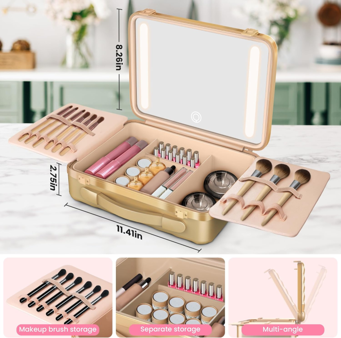 Travel Makeup Case with Lighted Mirror, Rechargeable LED Makeup Mirror Travel Case with 3 Color Modes & Adjustable Brightness, Portable Makeup Storage Box for Girls, Women & Makeup Artist - Image 5