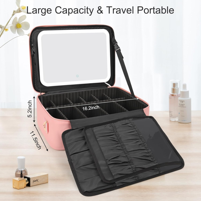 Large Makeup Bag with LED Mirror – 16.2” Portable Travel Cosmetic Organizer, Vanity Case with Adjustable Dividers & Rechargeable Light (Pink, PU Leather) - Image 6