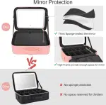 Large Makeup Bag with LED Mirror – 16.2” Portable Travel Cosmetic Organizer, Vanity Case with Adjustable Dividers & Rechargeable Light (Pink, PU Leather) - Image 5