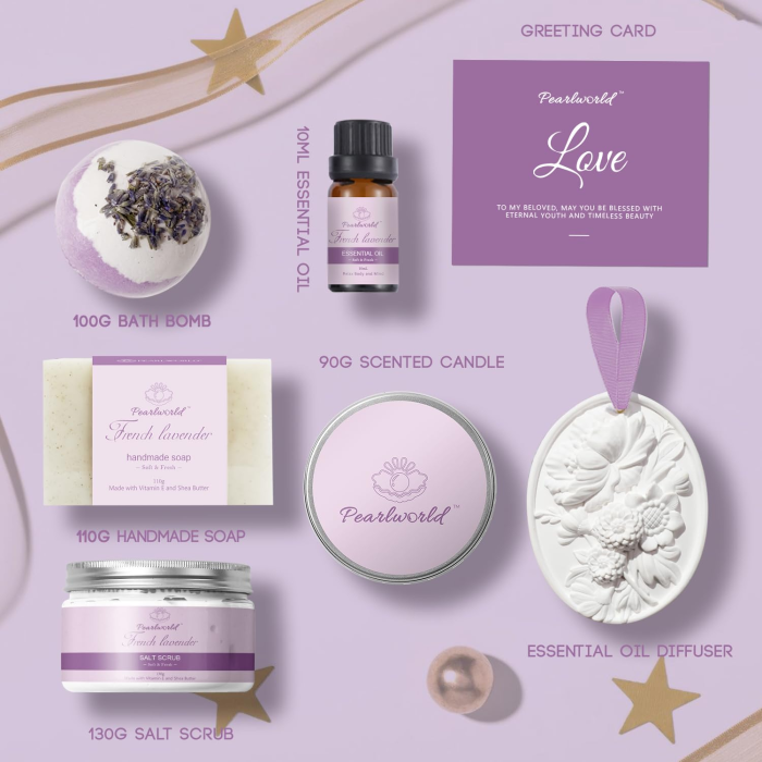 Lavender Spa Gift Box for Women – 7-Piece Self-Care Bath Set with Candle, Soap, Bath Bomb, Salt Scrub & Essential Oils (Relaxing Birthday, Mother’s Day, or Thank You Gift) - Image 2